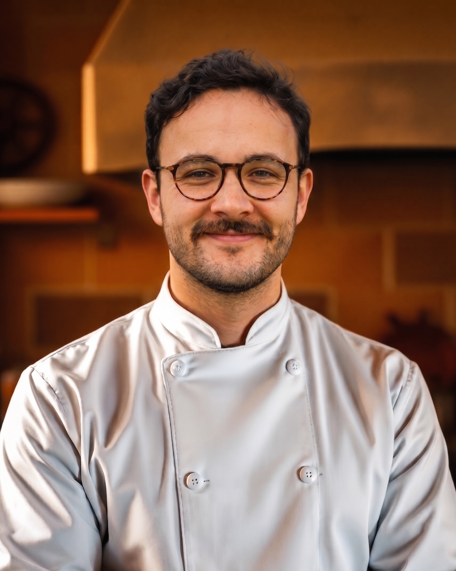 Retrato do chef em cozinha rústica